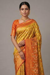 Mustard Yellow Kanchipuram Tissue Silk Checks Woven Patola Saree - yellow silk saree patola