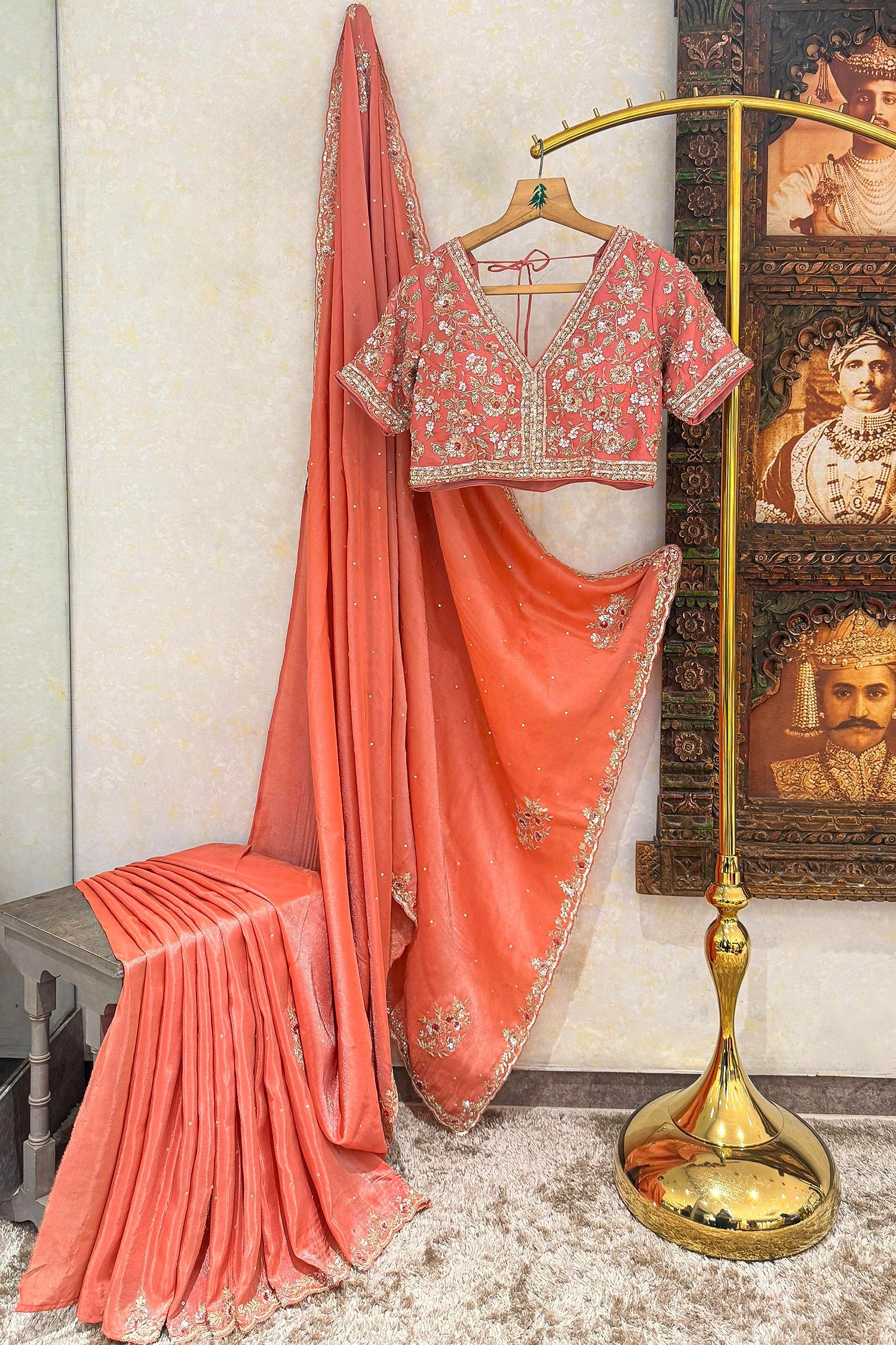 Coral Peach Soft Organza Silk Saree with Cutdana and Sequin Work - peach silk saree