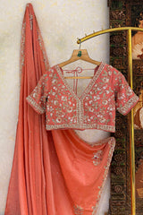 Coral Peach Soft Organza Silk Saree with Cutdana and Sequin Work - peach silk saree