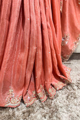 Coral Peach Soft Organza Silk Saree with Cutdana and Sequin Work - peach silk saree