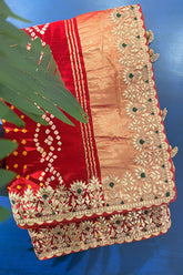 Maroon Cotton Silk Bandhej Saree with Embroidered Border - red silk saree bandhej