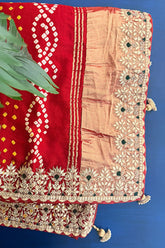 Maroon Cotton Silk Bandhej Saree with Embroidered Border - red silk saree bandhej