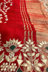 Maroon Cotton Silk Bandhej Saree with Embroidered Border - red silk saree bandhej