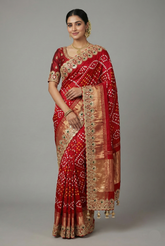 Maroon Cotton Silk Bandhej Saree with Embroidered Border