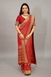 Red Georgette Traditional Bandhej Saree with Cutdana and Bead Work - red georgette saree bandhej