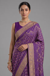 Purple Georgette Traditional Bandhej Saree with Cutdana and Bead Work - purple georgette saree bandhej