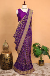Purple Georgette Traditional Bandhej Saree with Cutdana and Bead Work - purple georgette saree bandhej