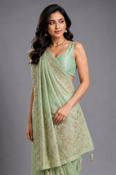 Pista Green Georgette Traditional Bandhej Saree with Cutdana and Bead Work - green georgette saree bandhej