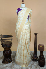 Cream Art Silk Banarasi Woven Saree