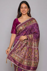 Purple Silk Traditional Woven Patola Saree with Cutdana and Beads Work - purple silk saree patola