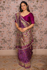 Purple Silk Traditional Woven Patola Saree with Cutdana and Beads Work - purple silk saree patola