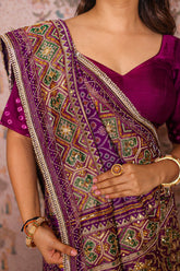 Purple Silk Traditional Woven Patola Saree with Cutdana and Beads Work - purple silk saree patola