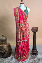 Pink Silk Traditional Woven Patola Saree with Cutdana and Beads Work - pink silk saree patola