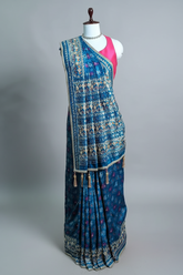 Sky Blue Silk Traditional Woven Patola Saree with Cutdana and Beads Work - blue silk saree patola
