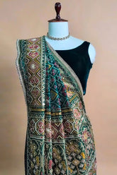 Green Silk Traditional Woven Patola Saree with Cutdana and Beads Work - green silk saree patola