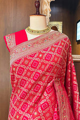 Pink Georgette Checks Bandhej Woven Saree with Cutdana and Applique Work