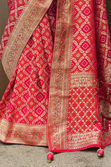 Pink Georgette Checks Bandhej Woven Saree with Cutdana and Applique Work