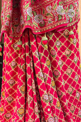 Pink Georgette Floral Woven Bandhej Saree with Cutdana - pink georgette saree bandhej
