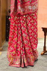 Pink Georgette Floral Woven Bandhej Saree with Cutdana