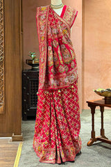 Pink Georgette Floral Woven Bandhej Saree with Cutdana
