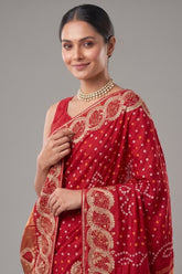 Red Dola Silk Bandhej Saree with Gota Work - red silk saree bandhej