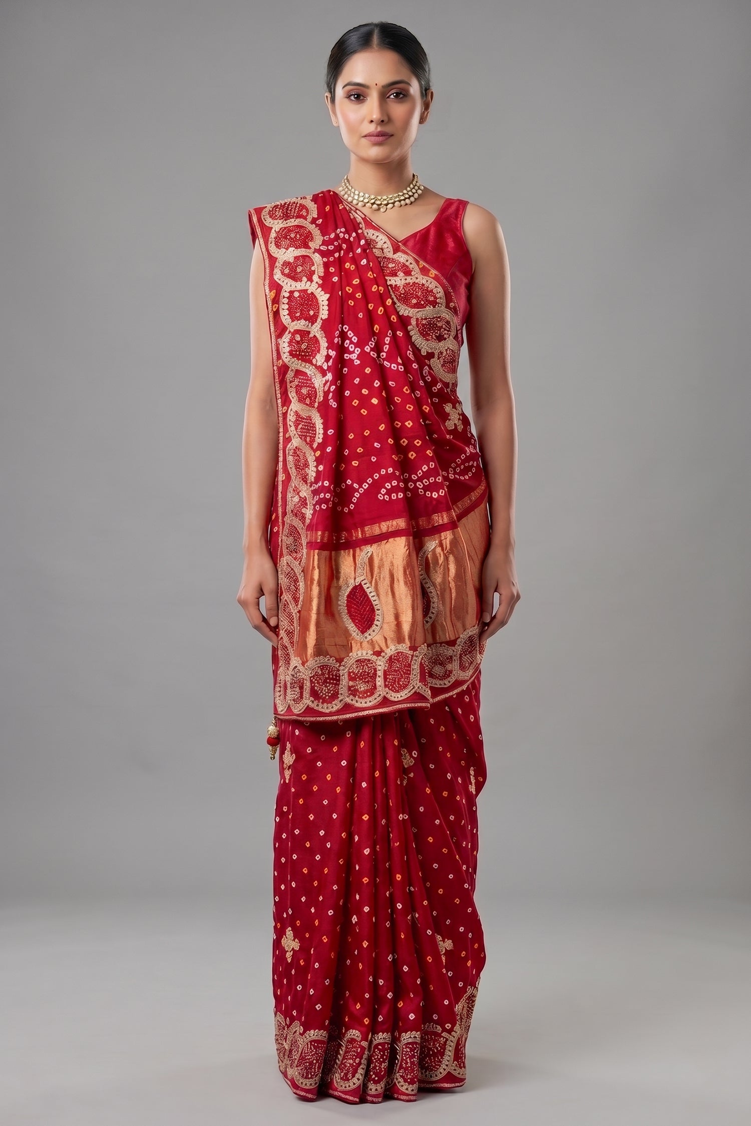Red Dola Silk Bandhej Saree with Gota Work - red silk saree bandhej