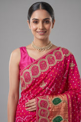 Pink Dola Silk Bandhej Saree with Gota Work - pink silk saree bandhej