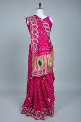 Pink Dola Silk Bandhej Saree with Gota Work - pink silk saree bandhej