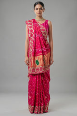 Pink Dola Silk Bandhej Saree with Gota Work - pink silk saree bandhej