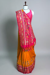 Orange Art Silk Saree with Patola Border and Contrast Pallu - orange silk saree patola