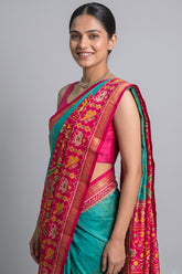 Sea Green Art Silk Saree with Patola Border and Contrast Pallu - green silk saree patola