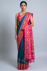 Rama Blue Art Silk Saree with Patola Border and Contrast Pallu - blue silk saree patola
