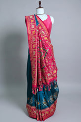 Rama Blue Art Silk Saree with Patola Border and Contrast Pallu - blue silk saree patola