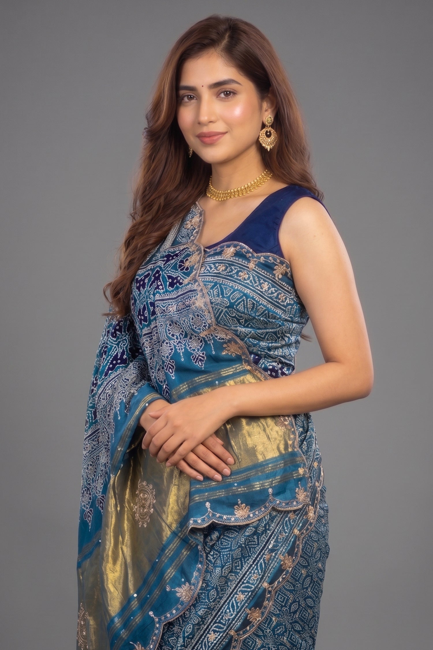 Blue Modal Silk Ajrakh Printed Saree with Gota and Applique Work - blue silk saree