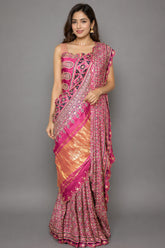 Onion Pink Modal Silk Ajrakh Printed Saree with Applique and Gota Work - pink silk saree