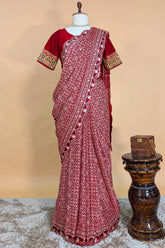 Red Modal Silk Ajrakh Printed Saree with Applique and Gota Work - red silk saree