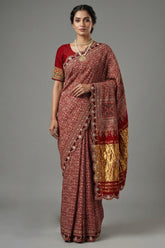 Red Modal Silk Ajrakh Printed Saree with Applique and Gota Work - red silk saree