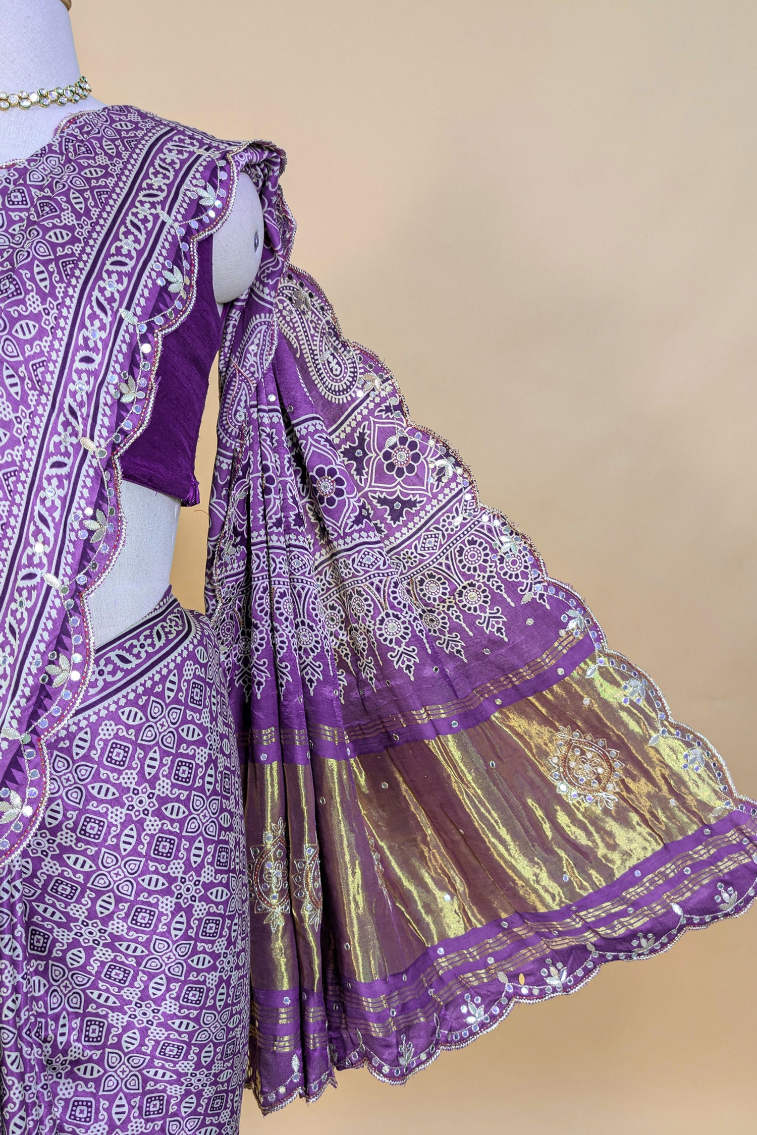 Lavender Modal Silk Ajrakh Printed Saree with Applique and Gota Work - lavender silk saree