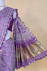 Lavender Modal Silk Ajrakh Printed Saree with Applique and Gota Work - lavender silk saree