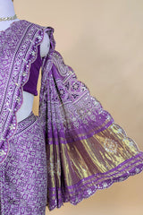 Lavender Modal Silk Ajrakh Printed Saree with Applique and Gota Work - lavender silk saree