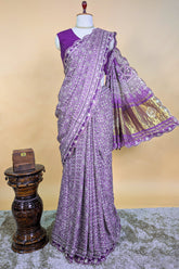 Lavender Modal Silk Ajrakh Printed Saree with Applique and Gota Work