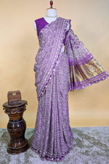Lavender Modal Silk Ajrakh Printed Saree with Applique and Gota Work - lavender silk saree