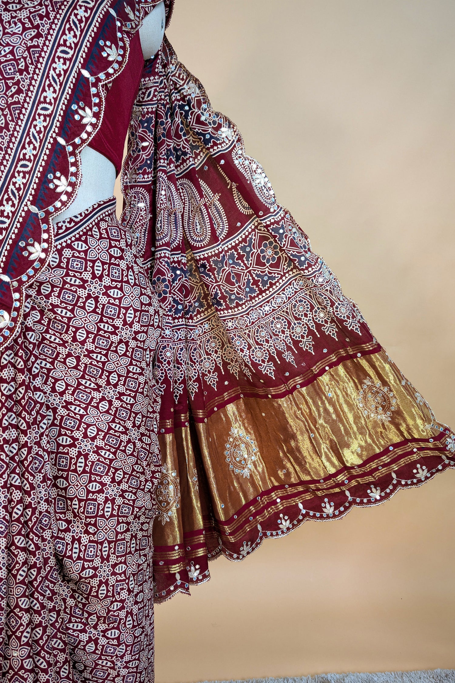 Maroon Modal Silk Ajrakh Printed Saree with Applique and Gota Work - maroon silk saree