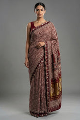 Maroon Modal Silk Ajrakh Printed Saree with Applique and Gota Work - maroon silk saree