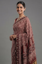 Maroon Modal Silk Ajrakh Printed Saree with Applique and Gota Work - maroon silk saree