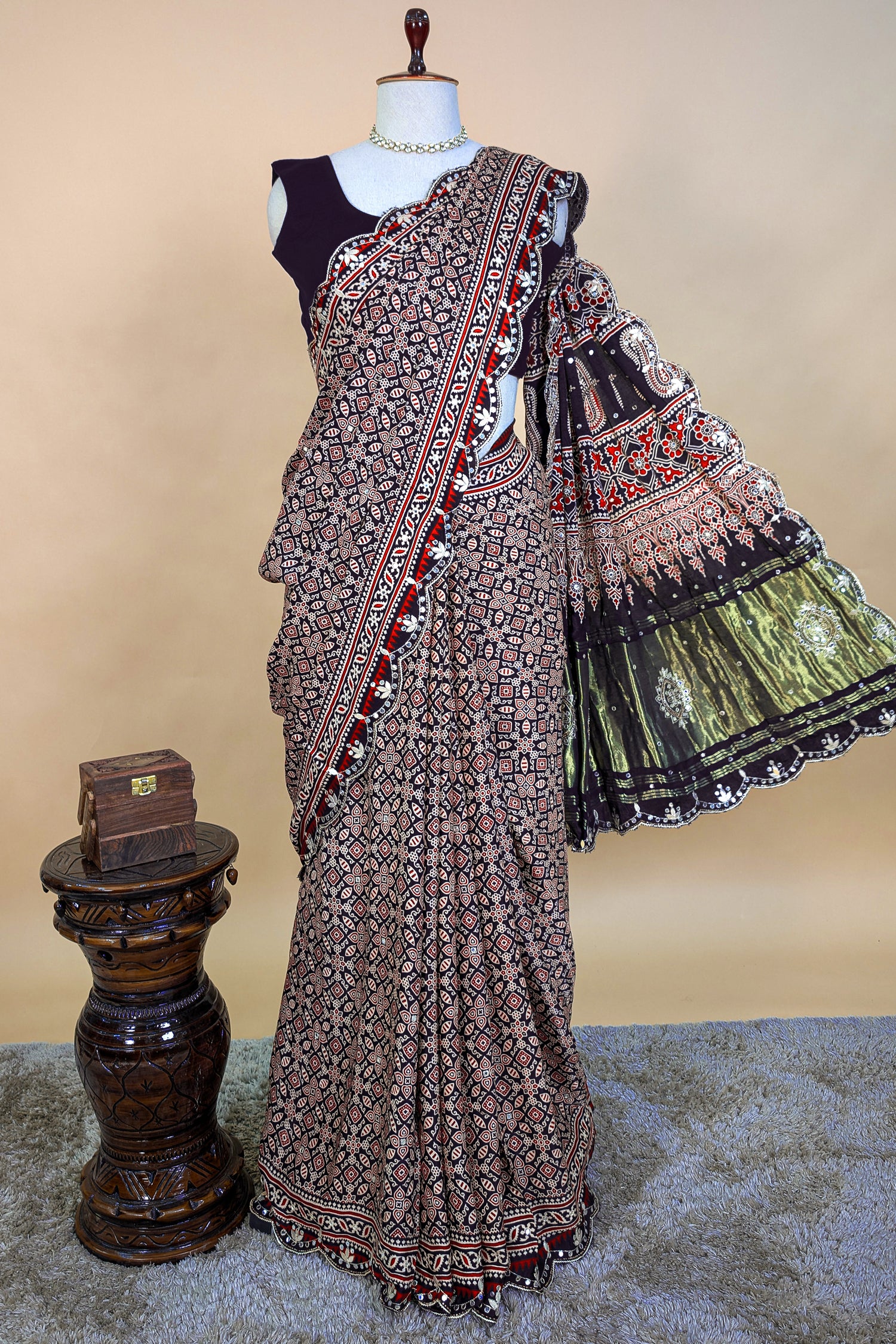 Dark Blue Modal Silk Ajrakh Printed Saree with Applique and Gota Work - blue silk saree