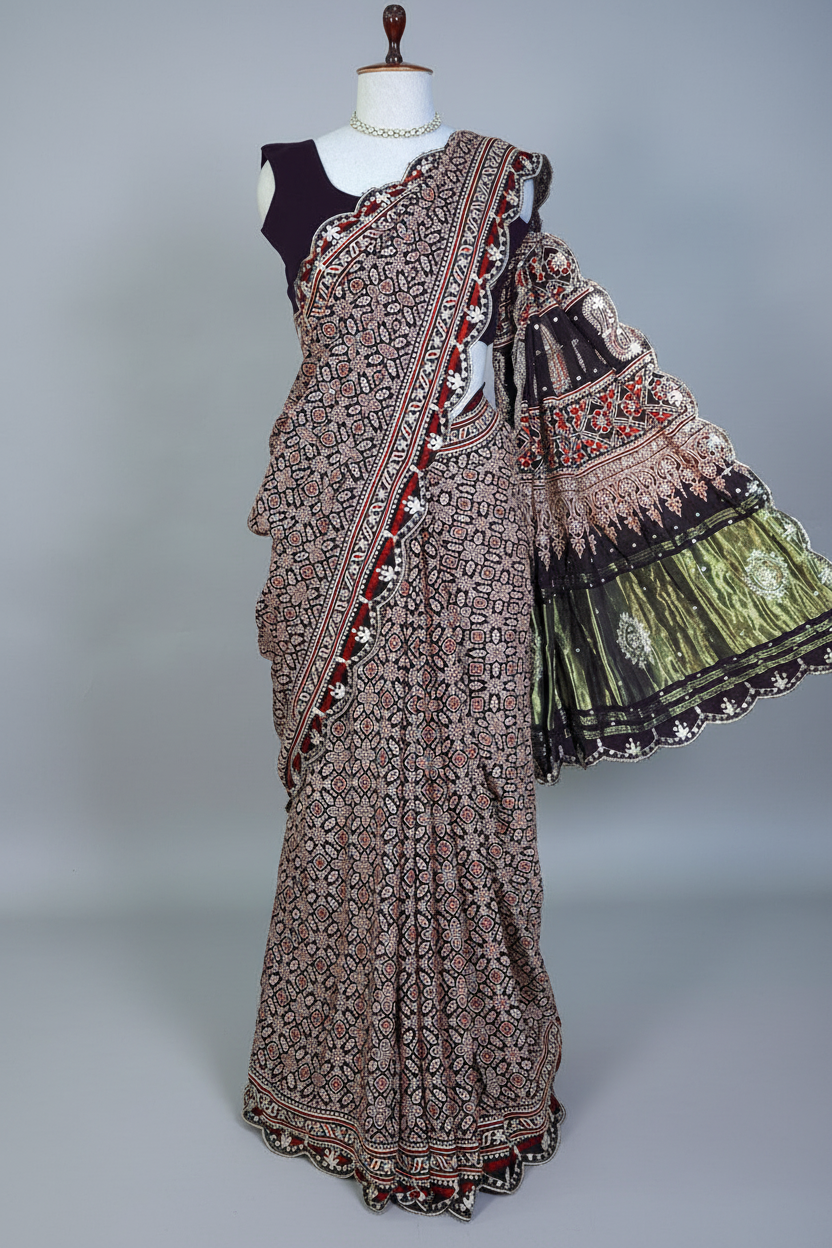 Dark Blue Modal Silk Ajrakh Printed Saree with Applique and Gota Work - blue silk saree