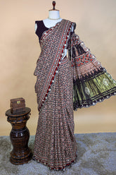 Dark Blue Modal Silk Ajrakh Printed Saree with Applique and Gota Work