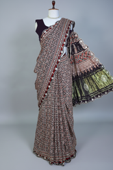 Dark Blue Modal Silk Ajrakh Printed Saree with Applique and Gota Work - blue silk saree