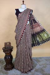 Dark Blue Modal Silk Ajrakh Printed Saree with Applique and Gota Work